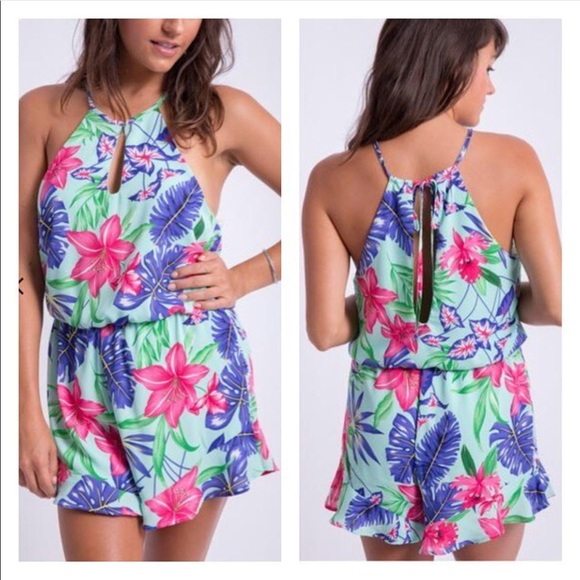 SwankStyles | Pants & Jumpsuits | Tropical Floral Halter Romper | Poshmark